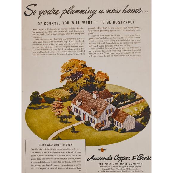 1944 Anaconda Copper & Brass "So You're Planning a New Home" Vtg Print Ad‎ - Picture 1 of 5